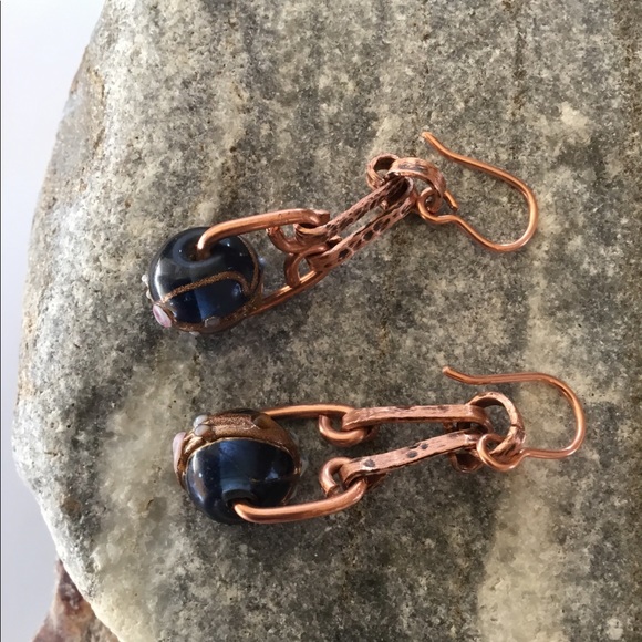 Blue Pressed Glass, Solid Copper Pendant Earrings - Picture 7 of 8
